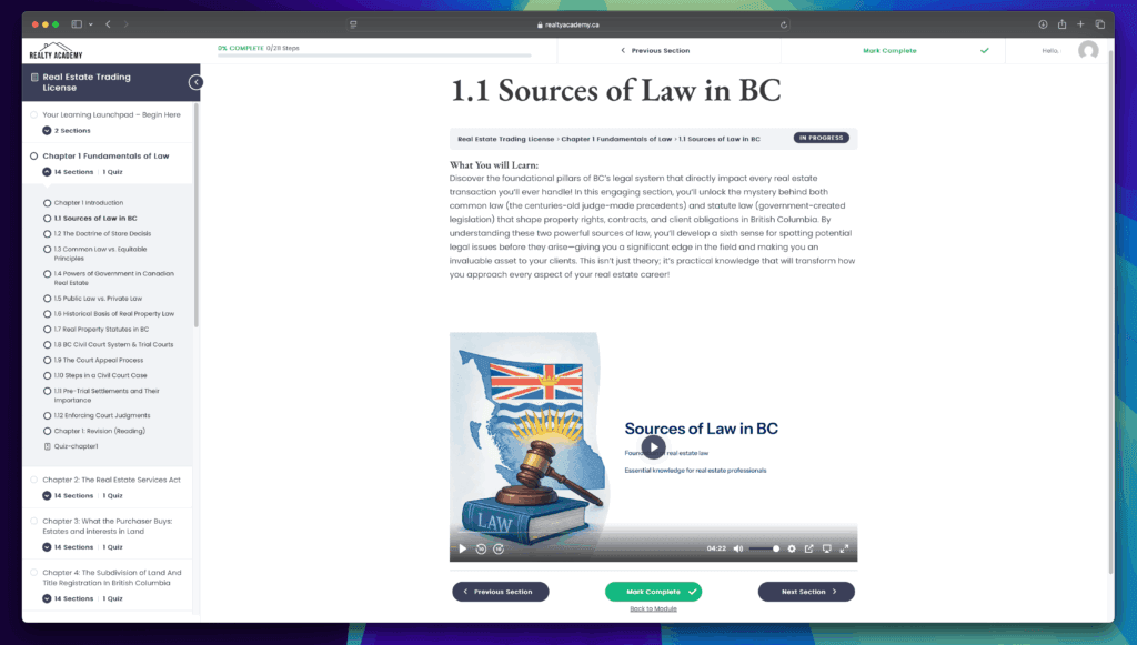 Screenshot of Realty Academy's video lesson interface showing Chapter 1.1 Sources of Law in BC, featuring a video player with an instructor presenting at a whiteboard, navigation menu on the left side, and interactive controls below the video